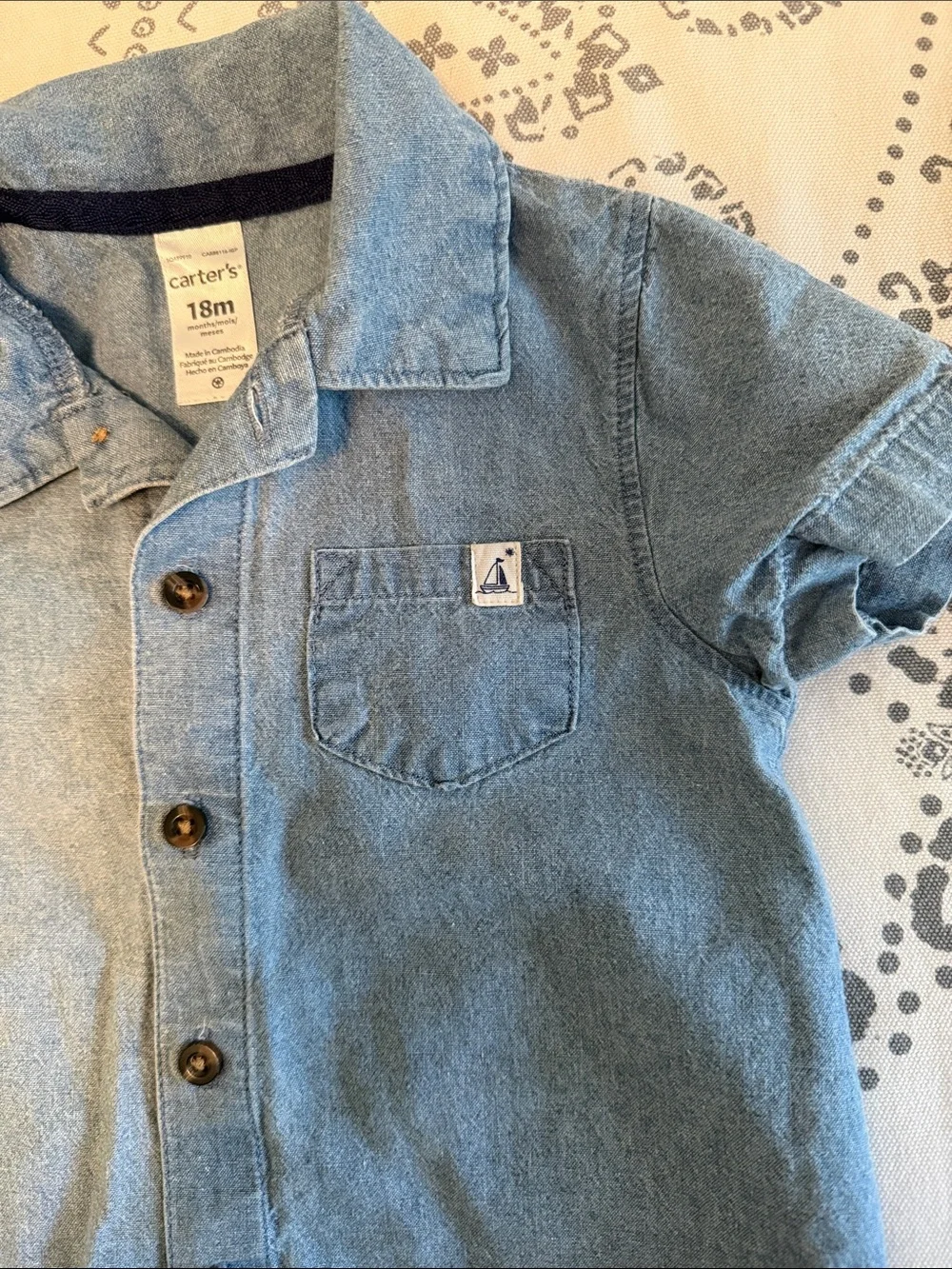 Carter's Denim Print Romper & Teal Dino-Print Short Romper